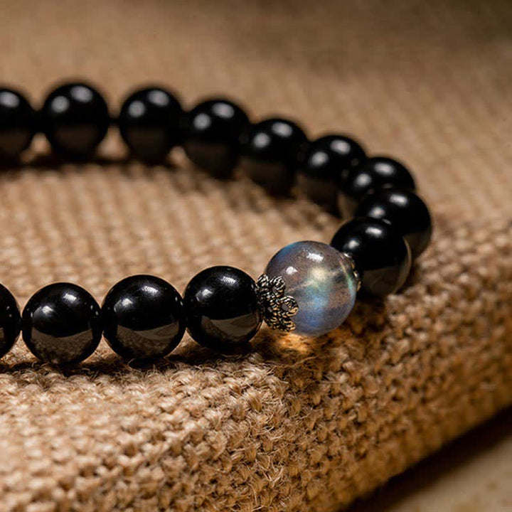 Chiński zodiak Natal Buddha 925 Srebro Sterling Czarny Obsydian Moonstone Bransoletka Siła
