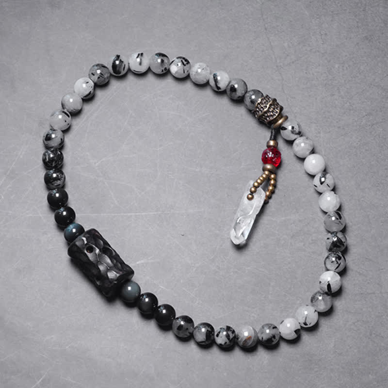 Bransoletka dla pary z czarnego kwarcu rutylowego, drewna hebanowego i białego kryształu