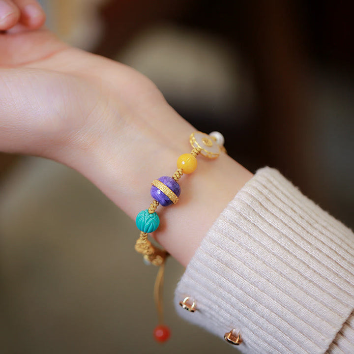 Bransoletka szczęścia z naturalnego srebra próby 925, jadeitu hetyjskiego, bursztynu i czerwonego agatu