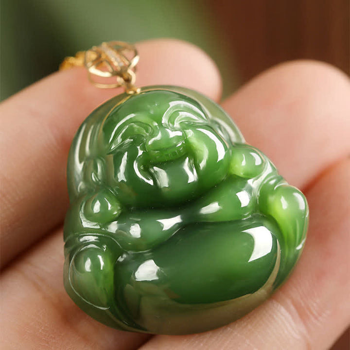 925 Srebro Sterlingowe Śmiejący się Budda Hetian Cyan Jade 18K Złoty Naszyjnik Sukcesu Łańcuszek Wisiorek - image 3