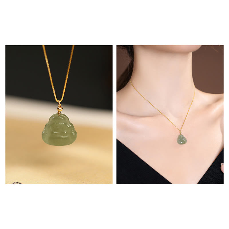 Buddha Stones 925 Srebro Sterling Naturalny Hetian Jade Cyan Jade Szczęście Śmiejący się Budda Motyl Naszyjnik Wisiorek - image 5