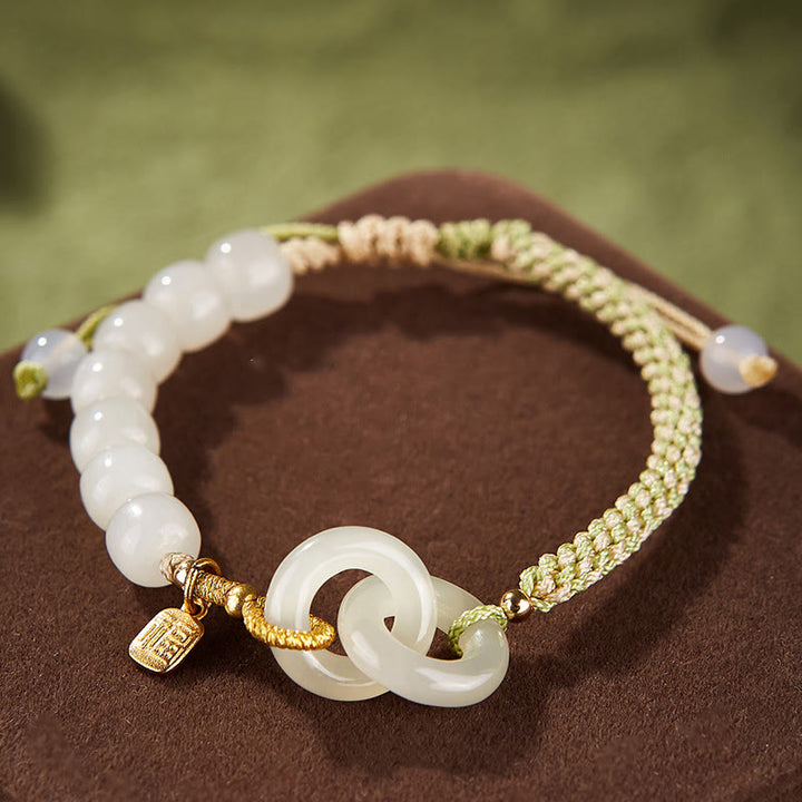 Buddha Stones Naturalne Koraliki Jadeitu Hetian Podwójna Klamra Pokoju Fu Charakter Obfitości Bransoletka Pleciona