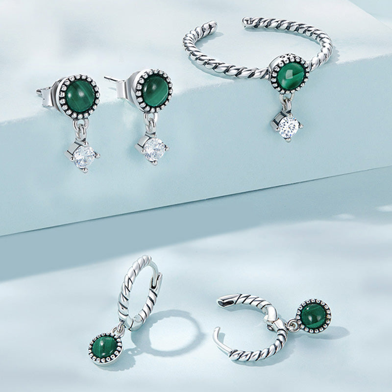 925 Srebrne okrągłe kolczyki z malachitu antylękowe