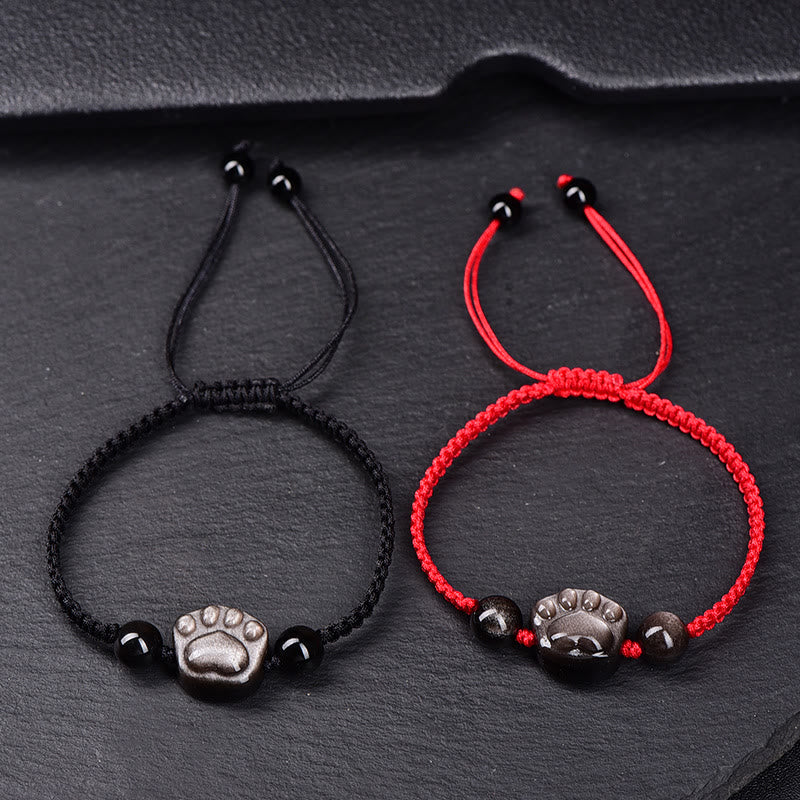 Buddha Stones Naturalny Srebrny Połysk Obsydian Złoty Połysk Obsydian Uroczy Koci Łapka Ochrona Pazurów Bransoletka Lina - image 2