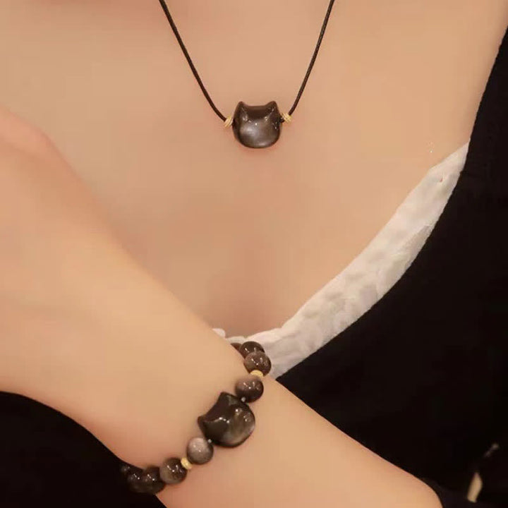 Buddha Stones Złoty połysk Obsydian Srebrny połysk Obsydian Piękna łapa Szczęśliwy Kot Bransoletka ochronna - image 40