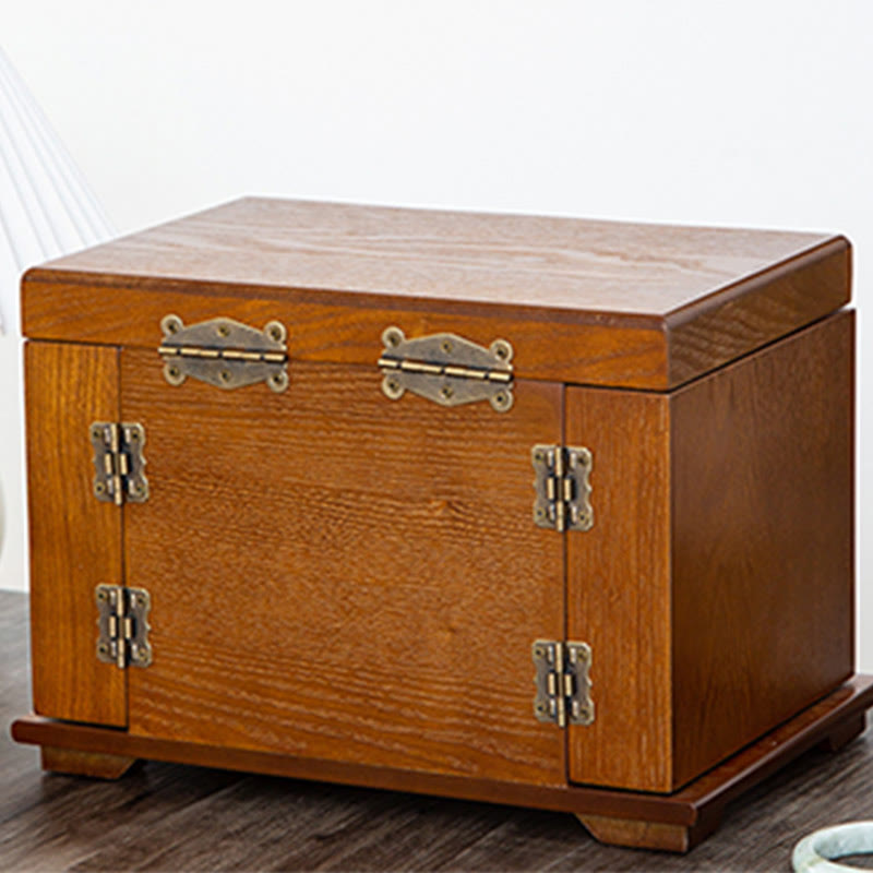 Buddha Stones Vintage Duża Pojemność Drewniane Pudełko na Biżuterię Pudełko Do Przechowywania Biżuterii Z Lustrem