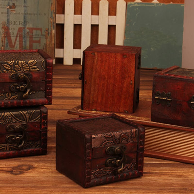 Buddha Stones Retro Małe Kwadratowe Drewniane Pudełko Na Biżuterię Kwiat Lotosu Trawa Winogrono Miedziana Moneta Żonkil Pudełko Do Przechowywania Biżuterii