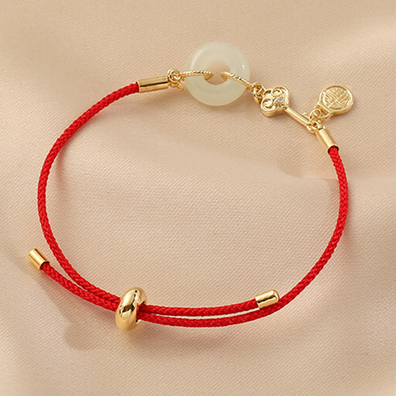 Buddha Stones 18K pozłacane Hetian Jade Peace Buckle Fu Character Luck Red Rope Bracelet
