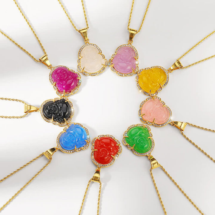 Buddha Stones 18K wypełnione złotem Śmiejący się Budda Jadeitowy naszyjnik szczęścia łańcuszek wisiorek - image 2