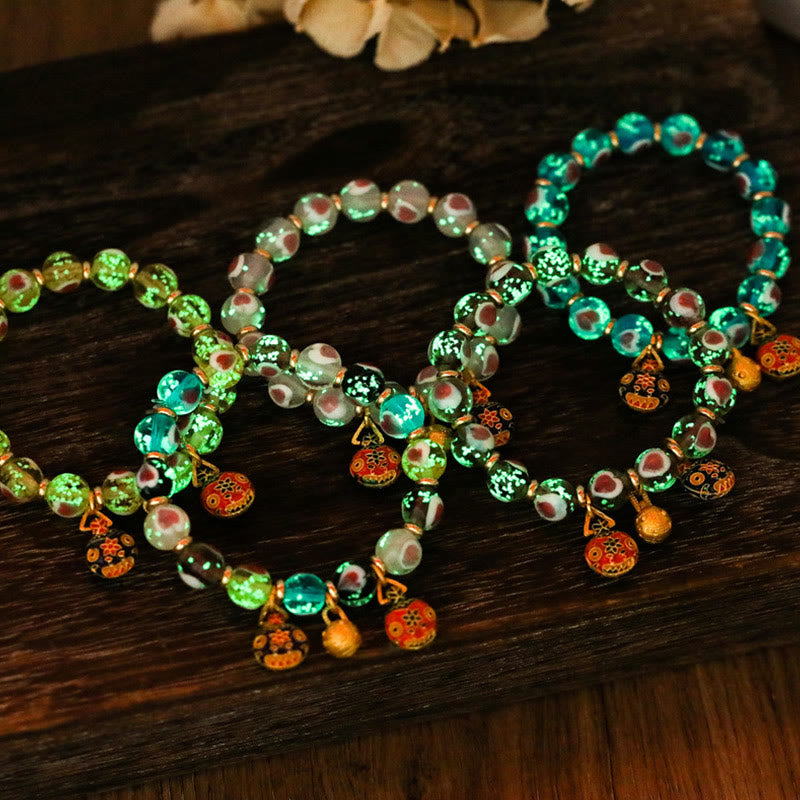 Buddha Stones Złote Połykające Bestie Rodzina Różowe Serce Miłości Świecące Fluorescencyjne Bransoletka z Koralików Szklanych Liuli