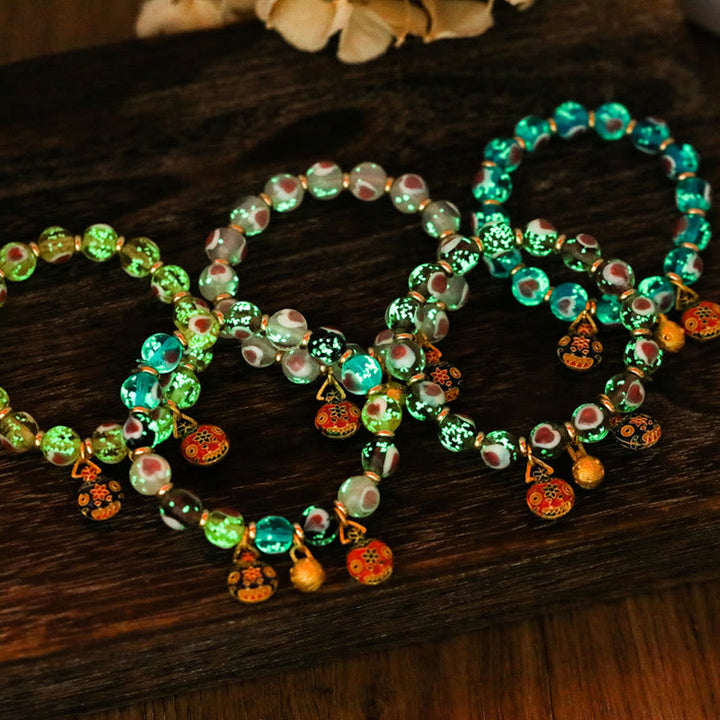 Buddha Stones Złote Połykające Bestie Rodzina Różowe Serce Miłości Świecące Fluorescencyjne Bransoletka z Koralików Szklanych Liuli