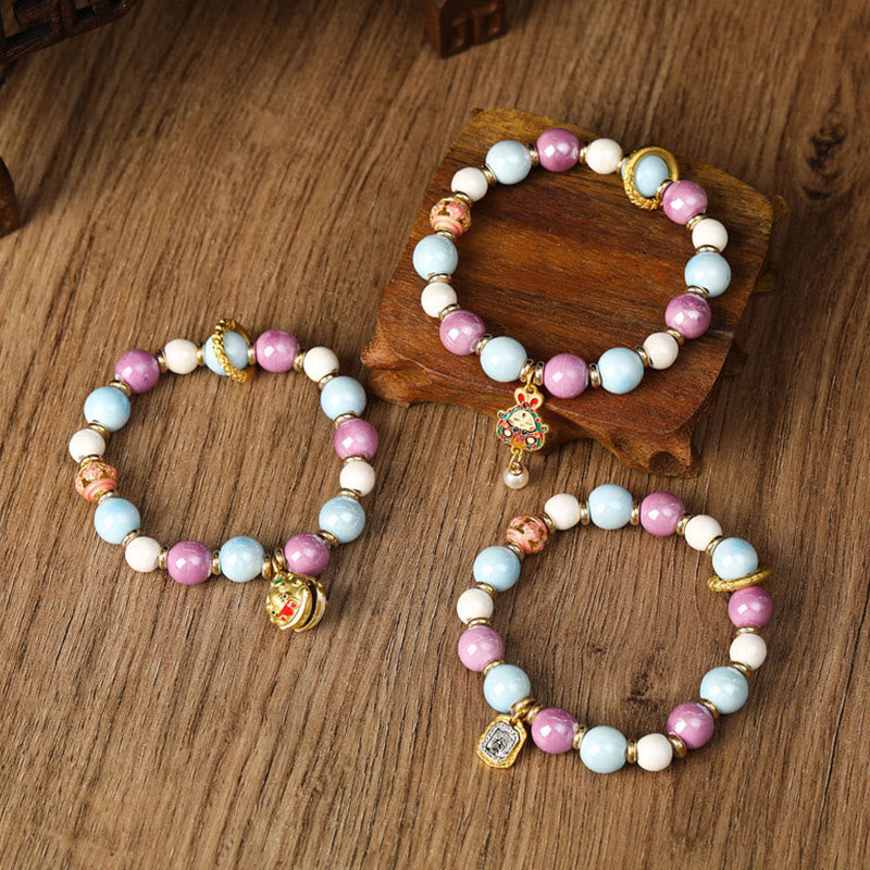 Buddha Stones Tybetańskie Zakiram Bogini Bogactwa Królik Głowa Lwa Charm Liuli Szkło Kadzidło Popiół Porcelanowa Koralik Ochrona Bransoletka