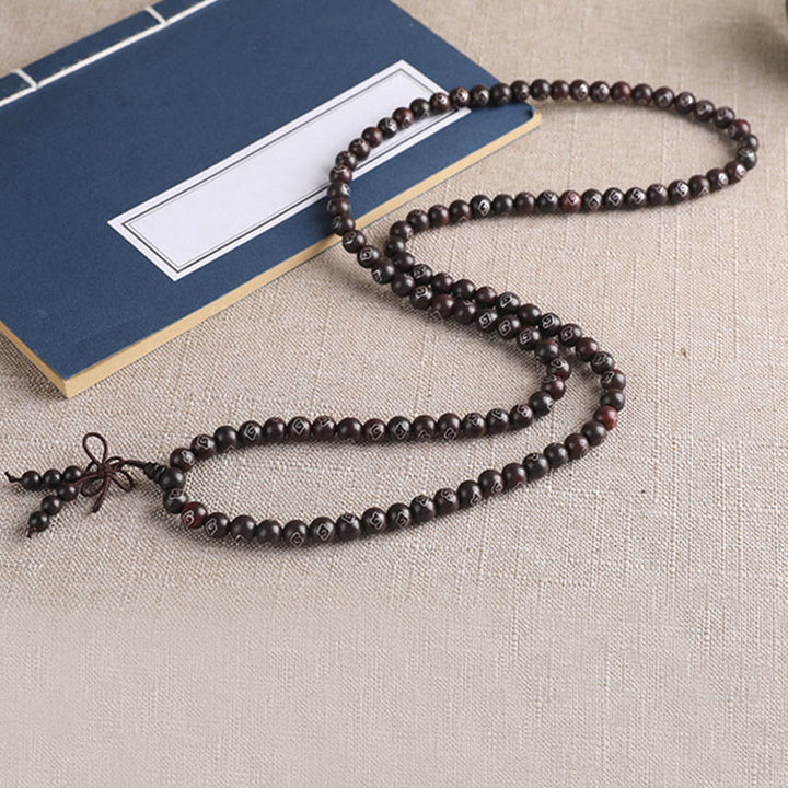 Buddha Stones 925 Srebro Inkrustowane Małymi Liśćmi Czerwonego Sandału Om Mani Padme Hum Charakter Pomyślne Chmury Bransoletka Ochronna