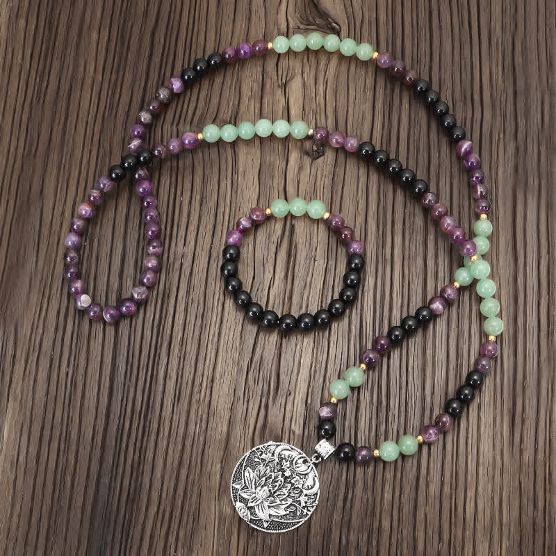 Buddha Stones 108 Mala Beads Ametyst Zielony Awenturyn Lotus Medytacyjna Bransoletka