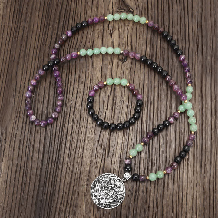 Buddha Stones 108 Mala Beads Ametyst Zielony Awenturyn Lotus Medytacyjna Bransoletka