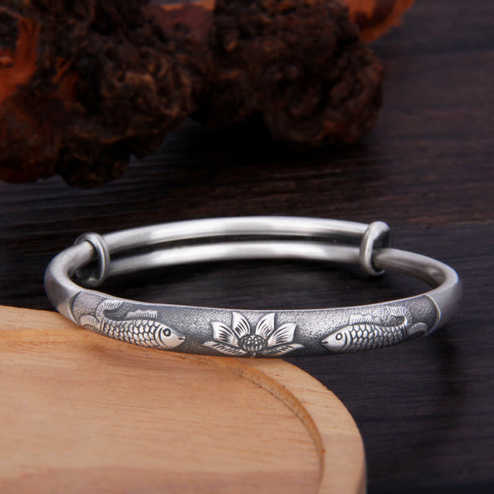 Buddha Stones 999 Srebro Sterling Ryba Koi Lotos Bogactwo Szczęście Bransoletka Bangle