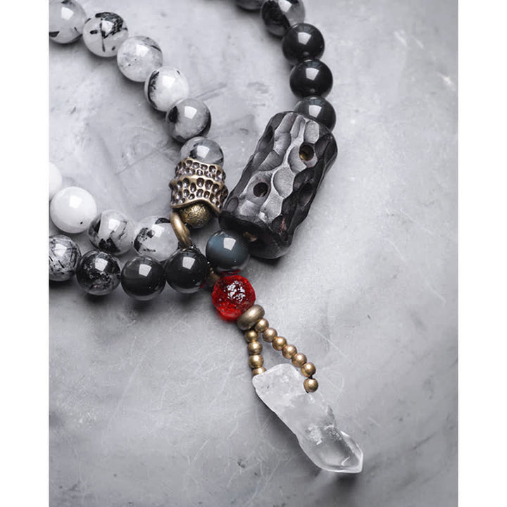 Bransoletka dla pary z czarnego kwarcu rutylowego, drewna hebanowego i białego kryształu