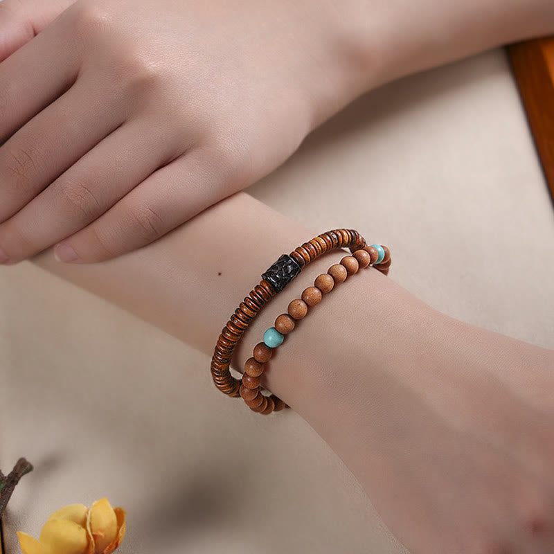 Buddha Stones Sandałowe Małe Liście Czerwonego Sandała Turkusowa Ochrona Bransoletka Podwójnie Owijana