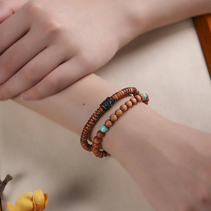 Buddha Stones Sandałowe Małe Liście Czerwonego Sandała Turkusowa Ochrona Bransoletka Podwójnie Owijana