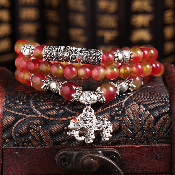 Buddha Stones Naturalny Arbuz Turmalin PiXiu Elephant Positive Triple Wrap Bransoletka