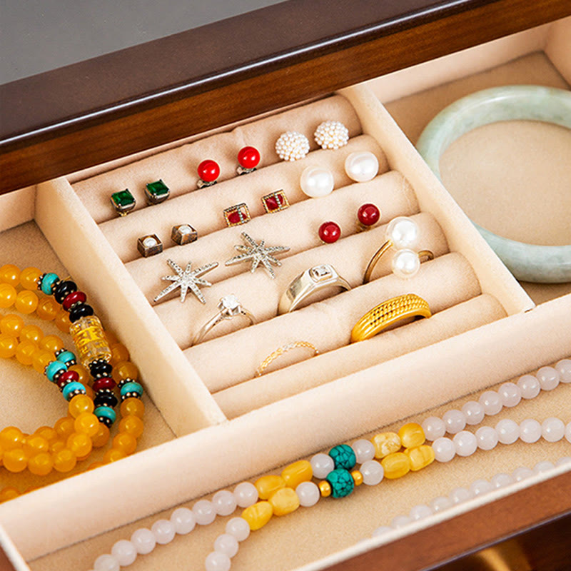 Buddha Stones Retro Solidne Drewniane Pudełko na Biżuterię Pudełko do Przechowywania Biżuterii Z Szufladą