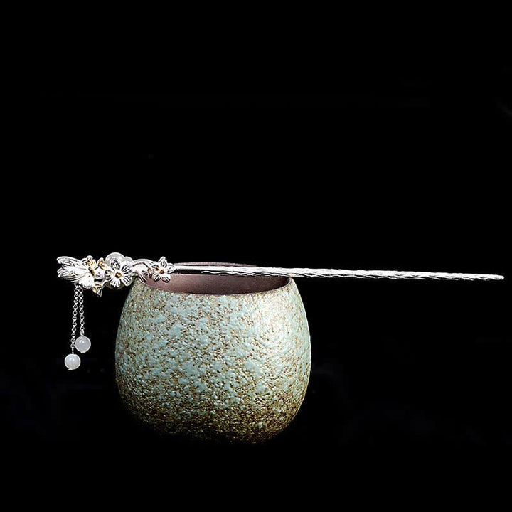 Spinka do włosów z kwiatem błogosławieństwa wykonana ze srebra próby 925 Hetian White Jade