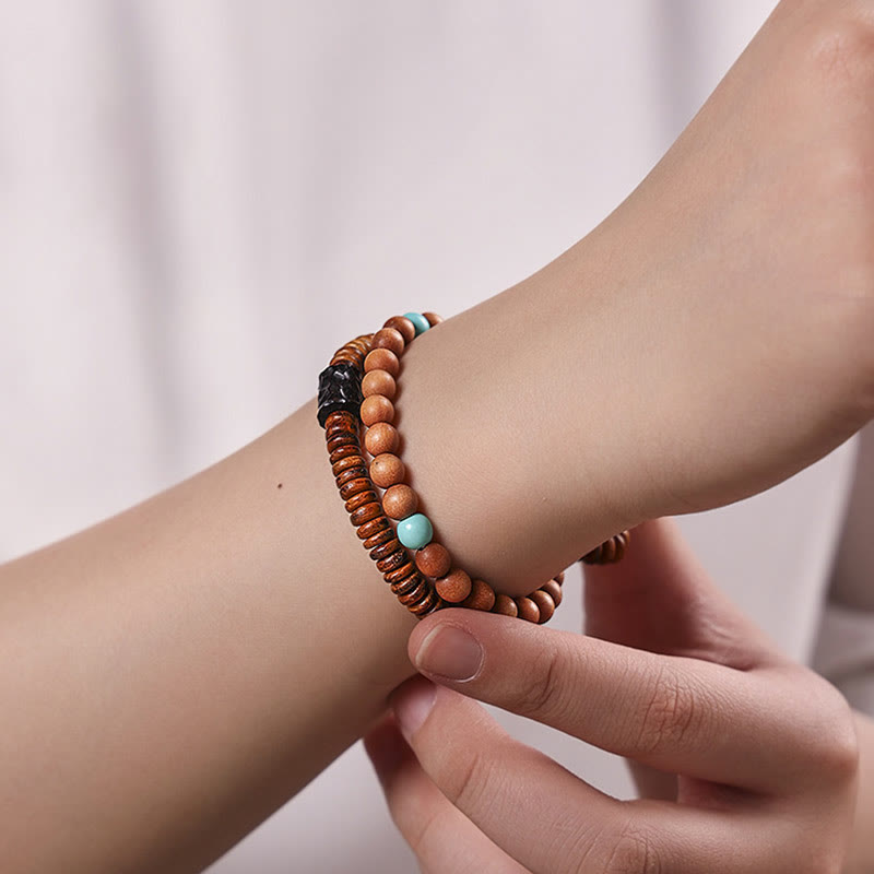 Buddha Stones Sandałowe Małe Liście Czerwonego Sandała Turkusowa Ochrona Bransoletka Podwójnie Owijana