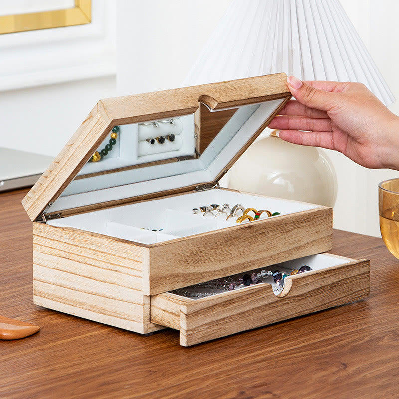 Buddha Stones Retro Beżowe Drewniane Pudełko Na Biżuterię Dwuwarstwowe Pudełko Do Przechowywania Biżuterii Z Lustrem - image 6