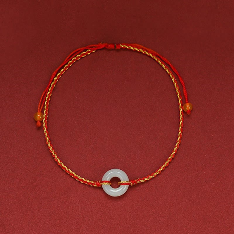 Buddha Stones Okrągły Pokój Klamra Jadeit Szczęście Obfitość Pleciona Bransoletka Na Kostkę