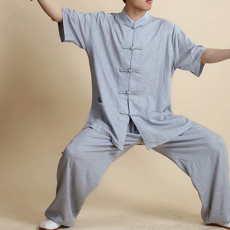 Buddha Stones Medytacja Zen Modlitwa Duchowa Tai Chi Qigong Praktyka Unisex Haft Odzież Zestaw - Krótki rękaw Szary - US14, UK/AU18, EU46 (3XL) - image 30