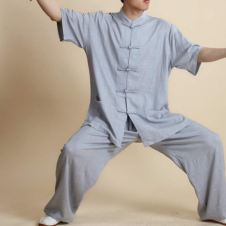 Buddha Stones Medytacja Zen Modlitwa Duchowa Tai Chi Qigong Praktyka Unisex Haft Odzież Zestaw - Krótki rękaw Szary - US14, UK/AU18, EU46 (3XL) - image 30