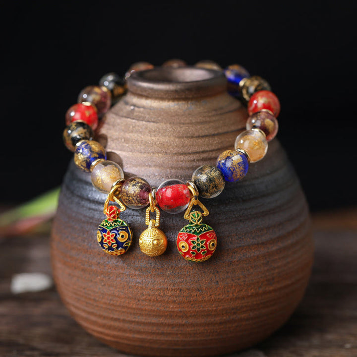 Buddha Stones Złoty Połykający Bestia Rodzina Charm Złota Srebrna Folia Liuli Szklane Koraliki Błogosławieństwa Bransoletka