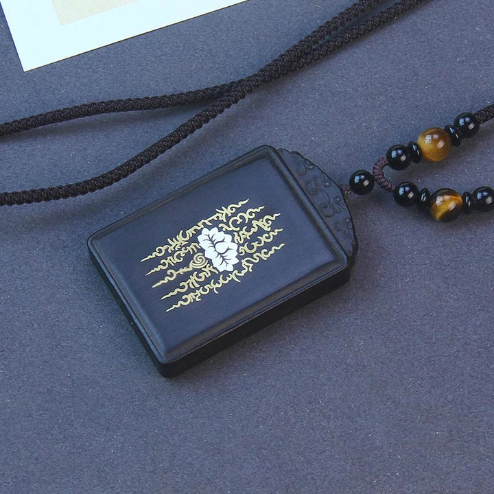 Buddha Stones 999 Srebro Sterlingowe Drewno Hebanowe Inkrustowany Lotos Spokojny Naszyjnik Wisiorek - Drewno hebanowe 6*4*1cm - image 1