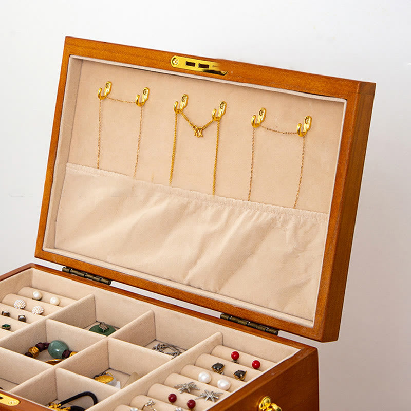 Pudełko na biżuterię z litego drewna w stylu retro z Buddha Stones, czterowarstwowe, drewniane pudełko do przechowywania biżuterii