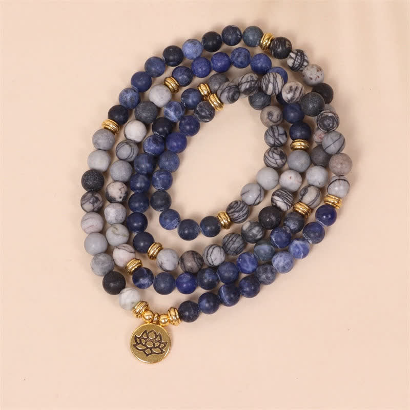 Buddha Stones 108 Mala Beads Sodalit Zebra Jasper Kryształ Lotus Strength Bransoletka