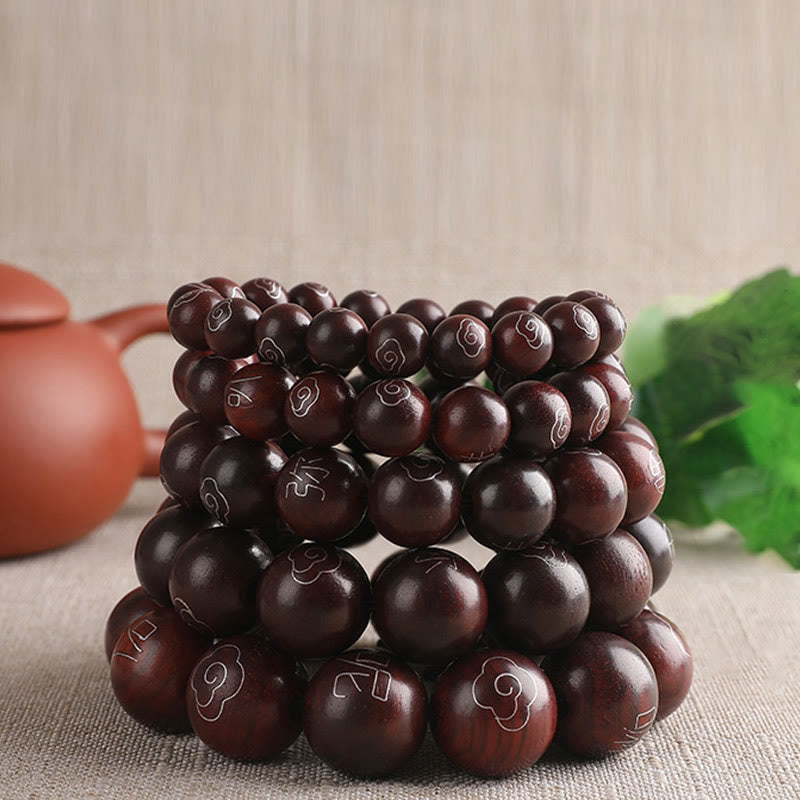 Buddha Stones 925 Srebro Inkrustowane Małymi Liśćmi Czerwonego Sandału Om Mani Padme Hum Charakter Pomyślne Chmury Bransoletka Ochronna