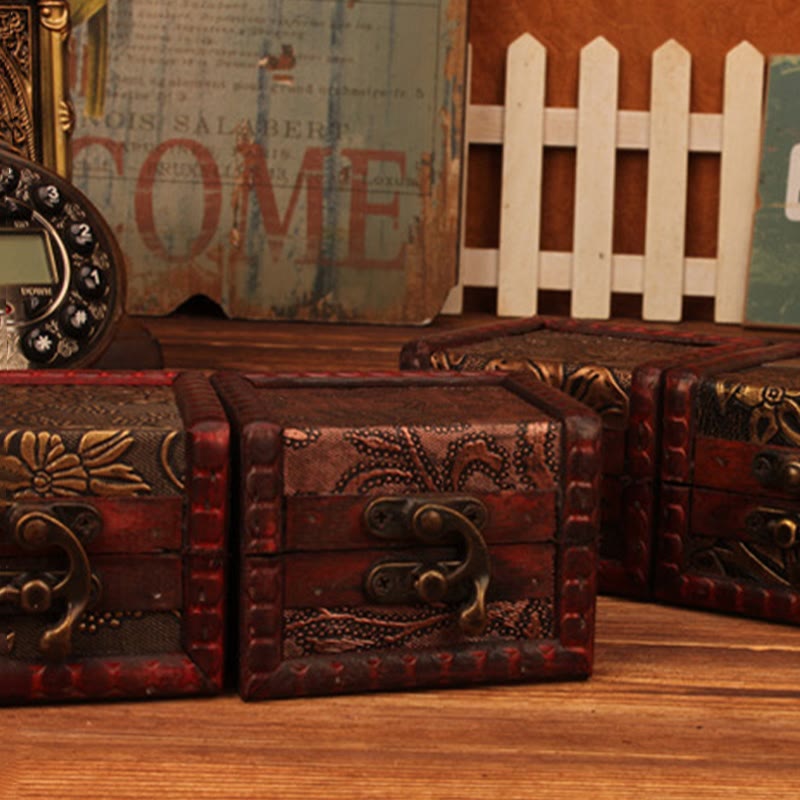 Buddha Stones Retro Małe Kwadratowe Drewniane Pudełko Na Biżuterię Kwiat Lotosu Trawa Winogrono Miedziana Moneta Żonkil Pudełko Do Przechowywania Biżuterii