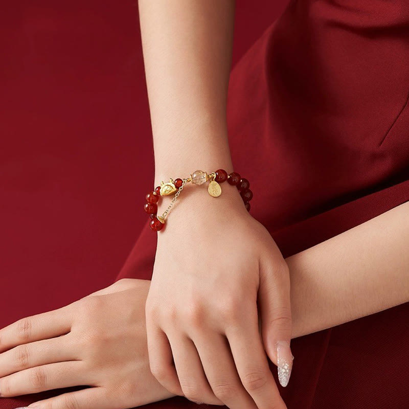 Buddha Stones Rok Smoka Pierożek Naturalny Czerwony Agat Granat Hetian Jade Fu Charakter Szczęście Sukces Bransoletka