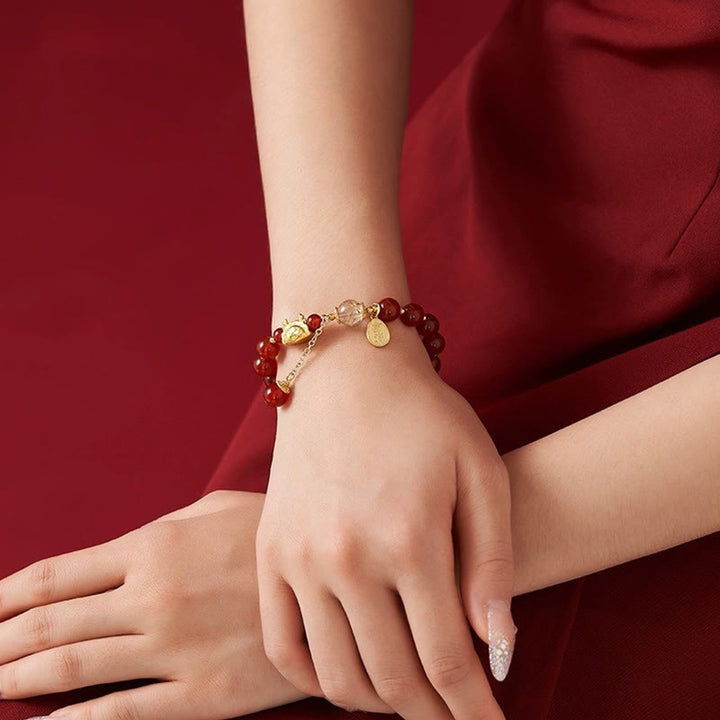 Buddha Stones Rok Smoka Pierożek Naturalny Czerwony Agat Granat Hetian Jade Fu Charakter Szczęście Sukces Bransoletka