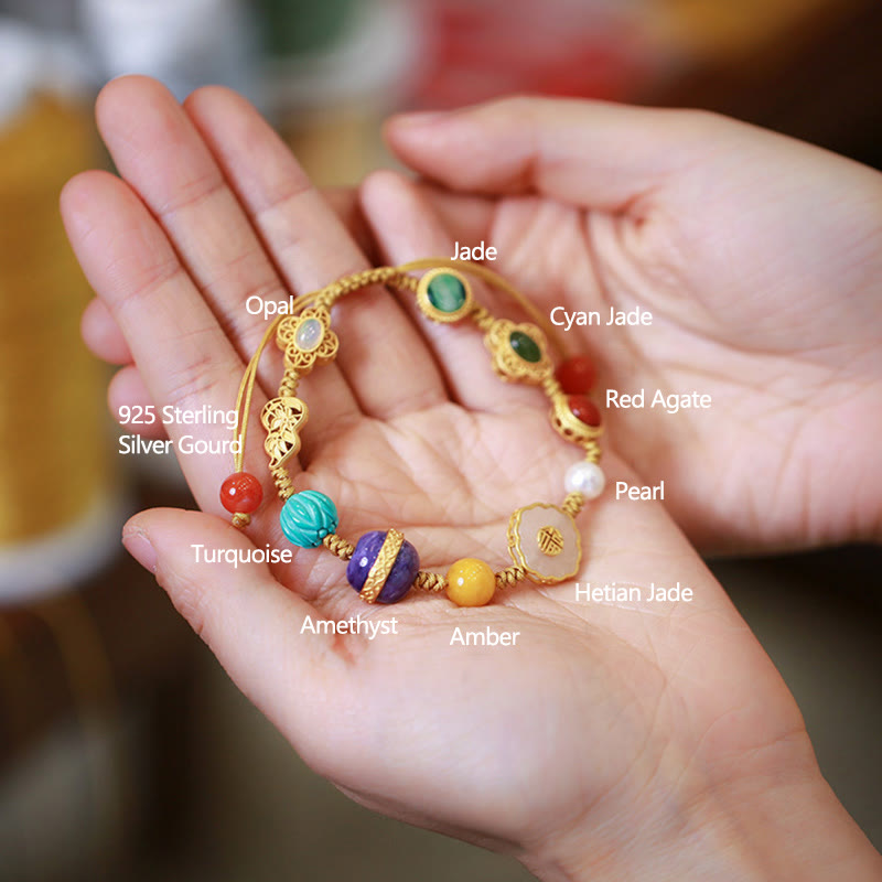 Bransoletka szczęścia z naturalnego srebra próby 925, jadeitu hetyjskiego, bursztynu i czerwonego agatu