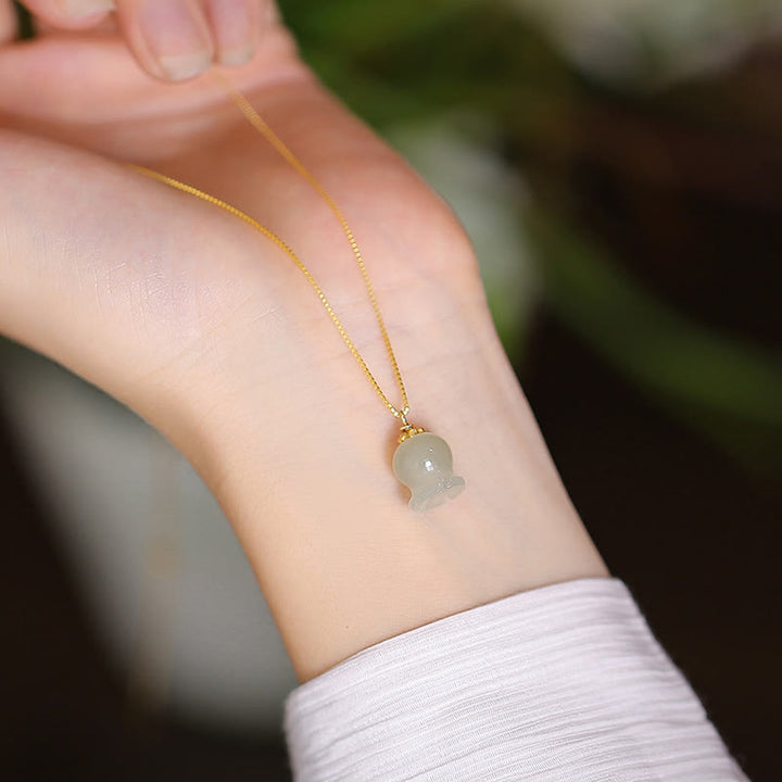 Buddha Stones 925 Srebro Sterling Naturalny Hetian Jade Cyan Jade Szczęście Śmiejący się Budda Motyl Naszyjnik Wisiorek - Kwiat dzwonka storczyka - image 16