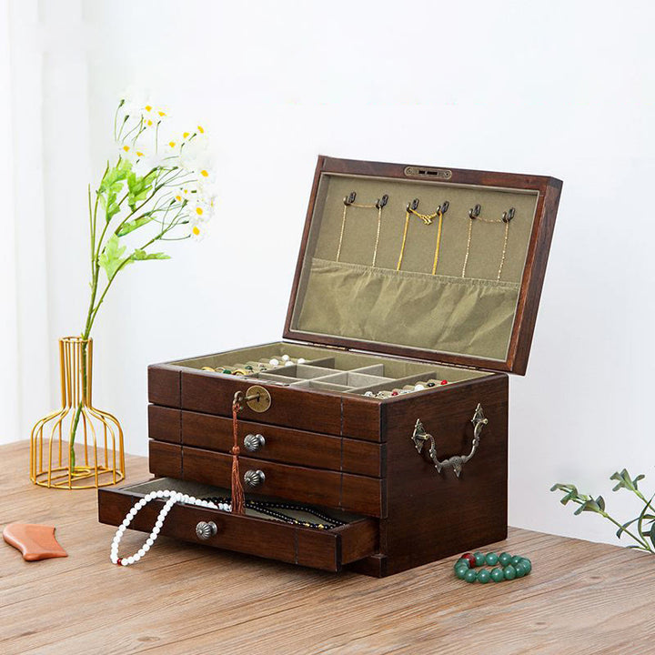 Pudełko na biżuterię z litego drewna w stylu retro z Buddha Stones, czterowarstwowe, drewniane pudełko do przechowywania biżuterii