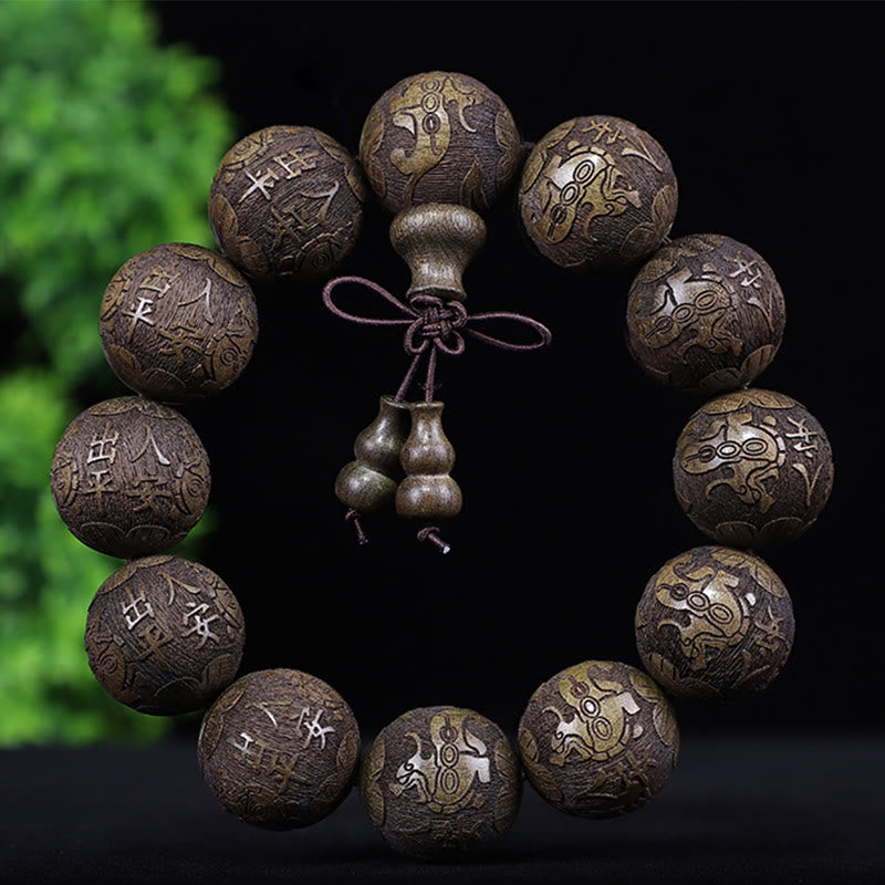 Buddha Stones Chiński Zodiak Palisander Ebony Miedź Moneta PiXiu Rzeźbiona Bransoletka Ciepło