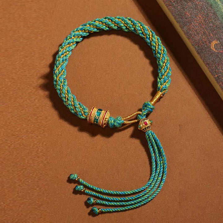 Buddha Stones Tybetańskie Ręcznie Robione Szczęście Thangka Koło Modlitewne Charm Bransoletka ze Sznurka