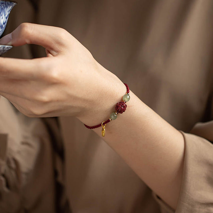 Buddha Stones Naturalny Cynober Chiński Zodiak Hetian Jade Fu Charakter Szczęścia Bransoletka Lina