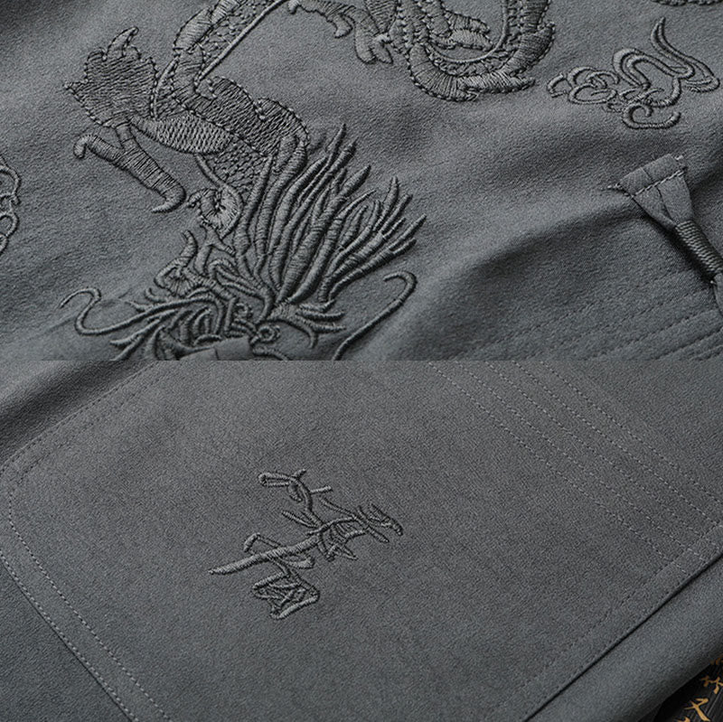 Buddha Stones Tang Suit Hanfu Chiński Smok Tradycyjny Kung Fu Jednolity Krótki Rękaw Topy i Spodnie Odzież Męska Zestaw - image 10