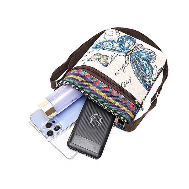 Buddha Stones Słoń Motyl Haftowana Płócienna Torba Tote Torba Na Ramię Torba Crossbody