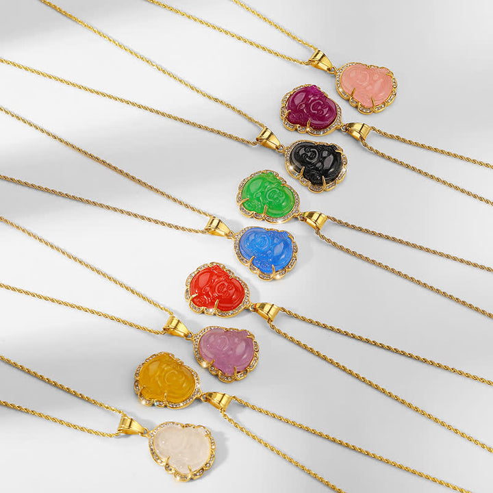 Buddha Stones 18K wypełnione złotem Śmiejący się Budda Jadeitowy naszyjnik szczęścia łańcuszek wisiorek - image 1