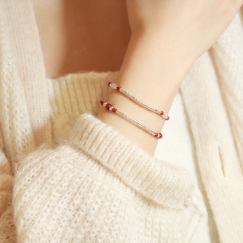 Buddha Stones 925 Srebro próby 925 Bambus Biały Agat Czerwony Agat Koraliki Ochrona Sznurek Bransoletka pleciona