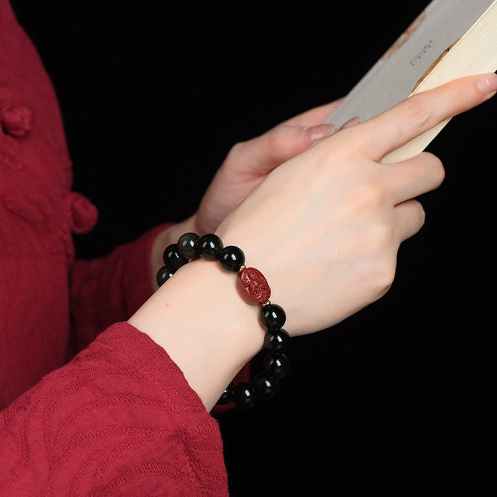 Buddha Stones Chiński Zodiak Natal Budda Naturalny Czarny Obsydian Cynober Oczyszczająca Bransoletka